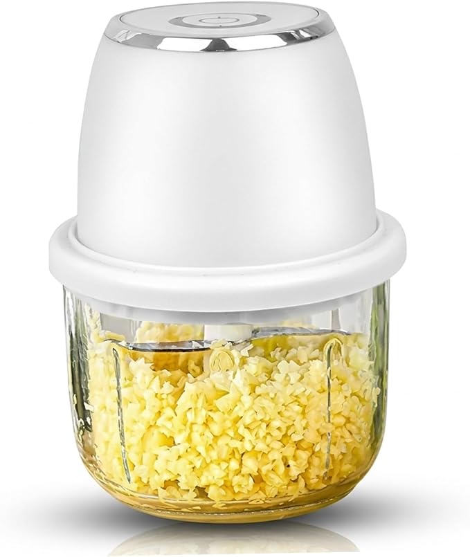 Electric Garlic Chopper, 350ml Mini Food Chopper with 6 Stainless Steel Blades & Thickened Glass, Cordless Mini Food Processor for Garlic, Ginger, Herbs - Easy Clean, Powerful Motor (White)