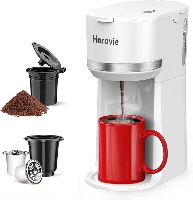 Horavie Mini Single Serve Coffee Maker for K-Cup Pod and Ground Coffee, Fast Brew One Cup Coffee Machine with Descaling Reminder and Viewing Tank, 6 to 12 oz. Brew Sizes, White