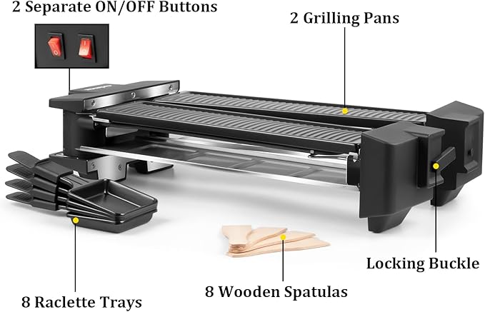 CUSIMAX Raclette Grill Raclette Table Grill Rotatable Korean BBQ Grill, 1400W Indoor Grill with 2 Non-stick Grill Plates, 8 Cheese Trays and Wooden Spatulas, Tabletop Electric Grill for 8 People