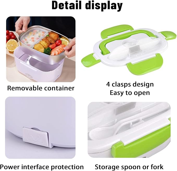 Electric Lunch Box 2 In 1 Food Heater 12V 24V 110V Portable Food Warmer for Car and Home Removable Stainless Steel Heated Bento Box (Green)