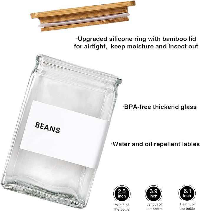 Glass Storage Jars with Bamboo Lids, 27oz Square Food Storage Containers for Kitchen Pantry Organization, Storage Canisters with Labels for Cereal Flour Beans Tea, Large Spice jars Seasoning Bottles