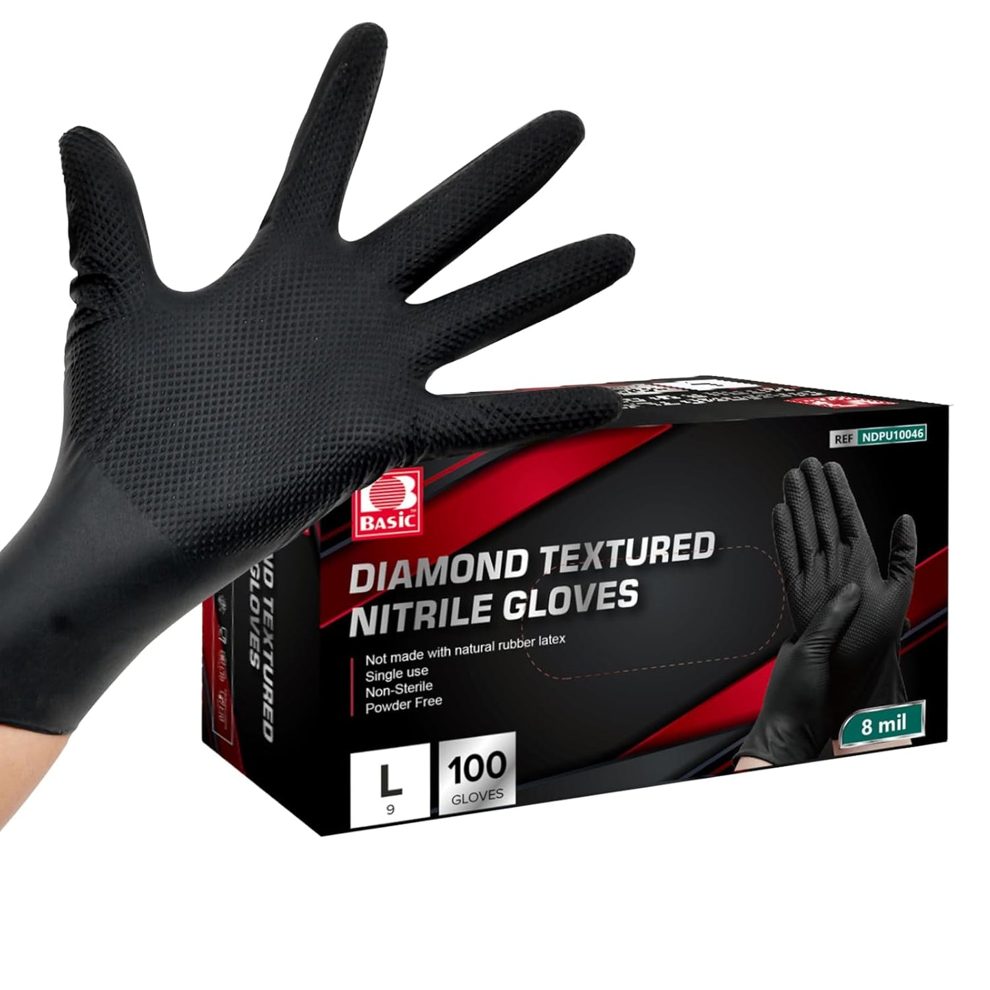 Jointown Basic Heavy Duty Nitrile Gloves, Mechanic Gloves 8 Mil Nitrile Disposable, with Raised Diamond Texture, Case of 100, Black, Large