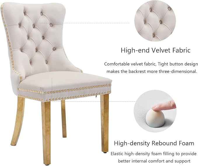 Beige Velvet Dining Chairs Set of 4, Upholstered Dining Room Chairs with Back Ring Pull Trim and Golden Stainless Steel Legs,Modern Kitchen Chairs for Dining Room,Living Room,Kitchen(Beige)