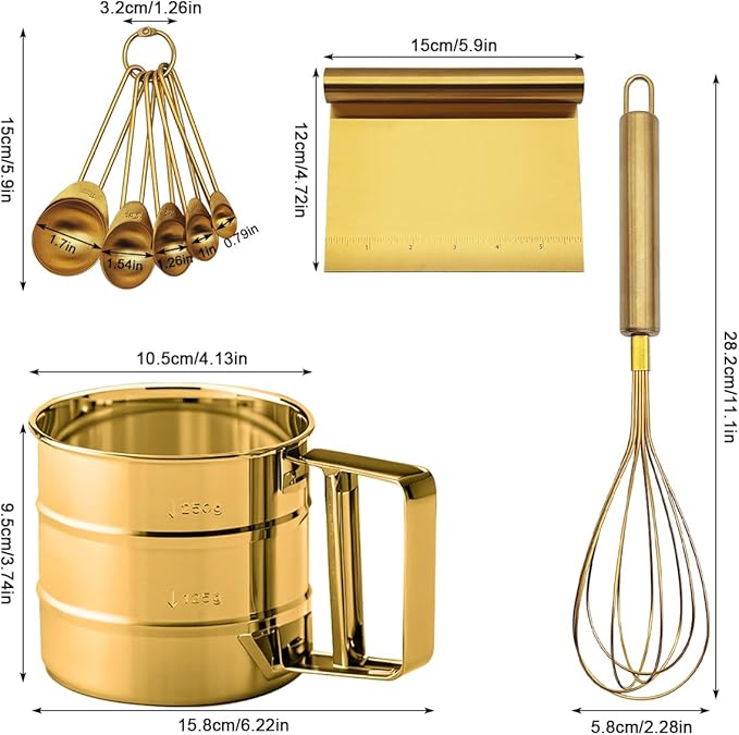 Gold Flour Sifter Baking Tool Set, findTop Stainless Steel 4-Piece Kit with 10" Whisk, Dough Scraper & 5 Measuring Spoons, Mirror Polished, Easy to Clean, for Cake Bread Cookie Prep