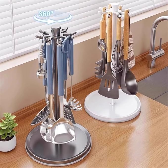 Rotatable Hanging Organizer with 8 Hooks for Kitchen Utensils, 360 Degree Swivel Countertop Holder for Cooking Tool Storage (Black)