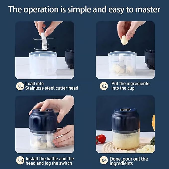 Electric Garlic Chopper, Mini Portable Veggie Cutter, Rechargeable Wireless Electric Food Chopper with 4 Stainless Steel Blades, One-Press Fast Prep for Garlic, Onion, Chili, Ginger, Meat (2Pcs A)