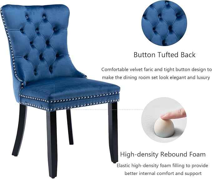 Upholstered Dining Chairs Set of 6, Velvet Dining Room Chairs with Back Ring Pull Trim and Solid Wood Legs, Tufted Wingback Kitchen Chair Perfect for Dining Room,Living Room,Kitchen(Blue)