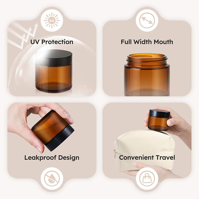 2 oz Glass Jars with Lids, 36 Pack Amber Small Glass Jars with Black Lids Leakproof Round Airtight Empty Cosmetic Travel Containers with Inner Liners For Lotions Powders and Candle Making