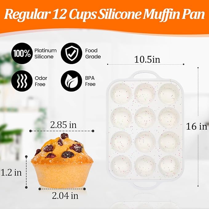 Silicone Muffin Pans for Baking, with Metal Reinforced Frame 2.8 Inch Regular Size Silicone Molds Nonstick 12 Cups for Baking Homemade Muffins, Cupcakes, Egg Bites 2 Pack Dishwasher Safe BPA Free