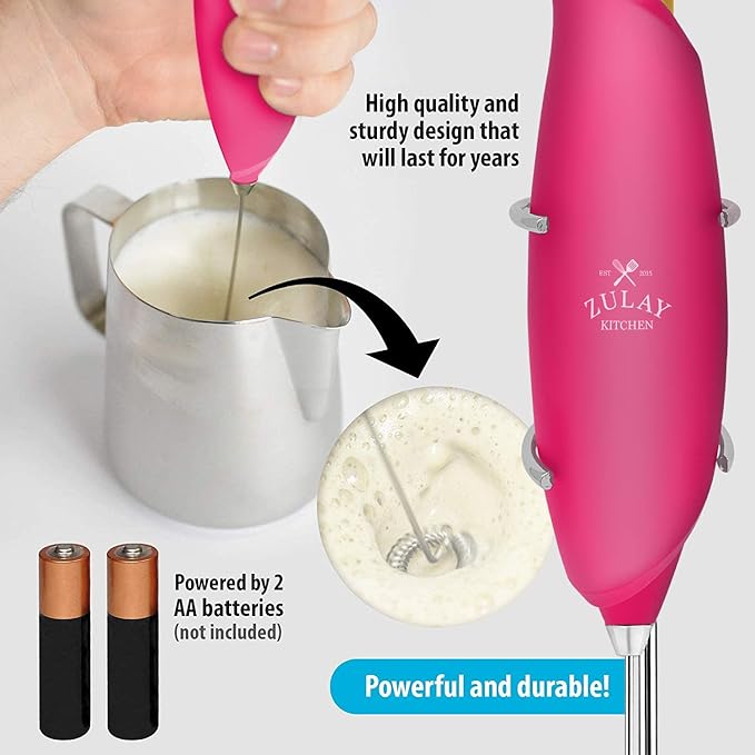 Zulay Kitchen Premium One-Touch Milk Frother for Coffee - Easy-Use Frother Handheld Foam Maker - Electric Whisk Drink Mixer for Cappuccino, Frappe, Matcha and Hot Chocolate (Hot Pink, Gold Button)