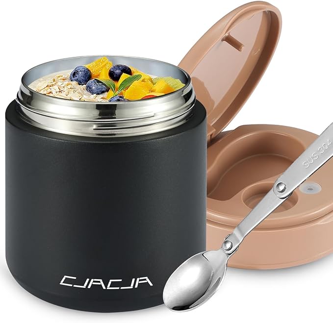 Insulated Food Jar for Kids - 15.2 Oz, Thermo for Hot Food, Soup Thermo, Insulated Food Container, Termos Para Comida Caliente, Width Mouth Stainless Steel Lunch Box with Spoon, Black