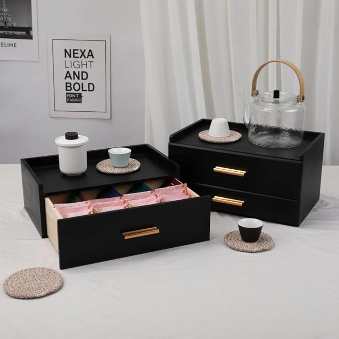 Tea Organizers and Storage Box Tea Station organizer for Countertop with 4 Cotton Woven Coasters Pine Wood Tea Bag Organizer Drawer Teabag Holder with 8 Compartments Wooden Sugar Packet Holder（Black）