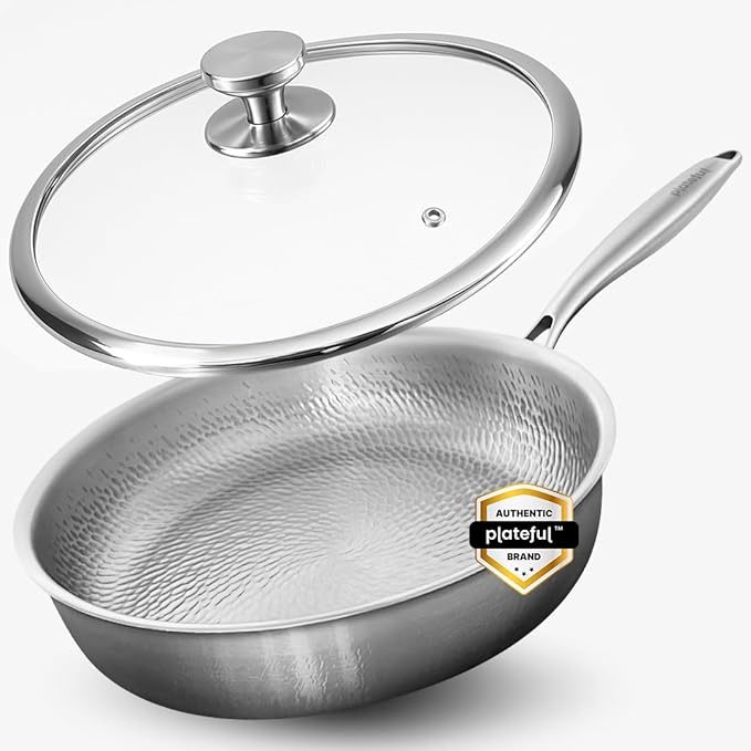Plateful Titanium Pan For Cooking 12" - Pure, No Coating Non-Stick Titanium Cookware, Frying Pans, Hammered Pan, Safe For Oven, Induction & Cooktops Up To 750°F, Includes Lid