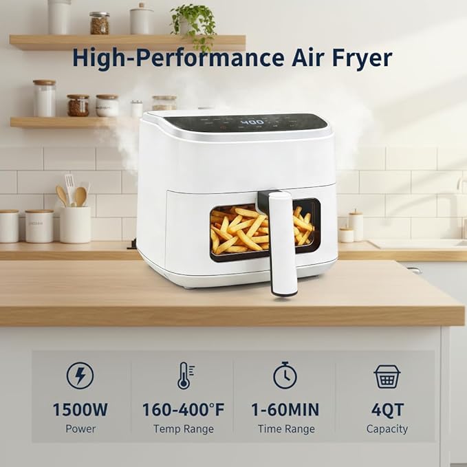 HealSmart 4 Qt Air Fryer with Visible Window, 8-in-1 Digital Airfryer with Interior Light, 1500W, Nonstick Dishwasher-Safe Basket for Fries, Bake, Wings, 60-Min Timer, White