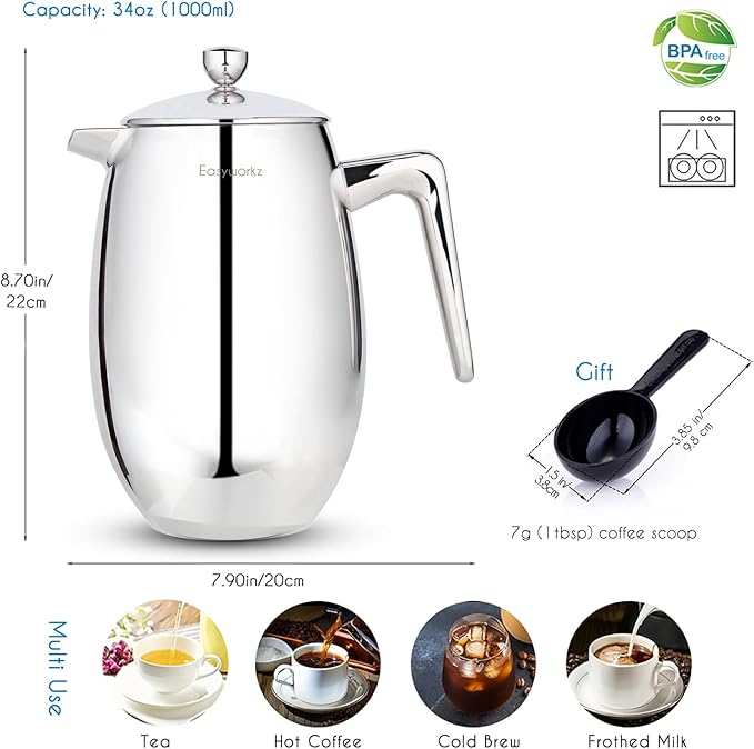Easyworkz Stainless Steel Long Hollow Handle Coffee Scoop,7g Measuring Spoon, Brushed Silver, Bundled with Easyworkz Nando French Press 34 oz Double Wall Insulated Thermal Coffee Maker