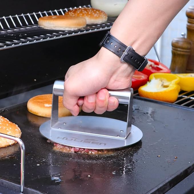 HULISEN Stainless Steel Burger Press, 6.2 inch Round Burger Smasher, Professional Griddle Accessories Kit, Grill Press Perfect for Flat Top Griddle Grill Cooking (Pack of 2)