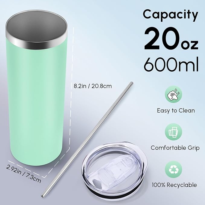 Volhoply 4 Pack Skinny Tumblers with Lid and Straw, 20oz Stainless Steel Straight Tumbler Bulk, Vacuum Insulated Coffee Mug for Home, Office, Travel, DIY (Mint,4 Pack)