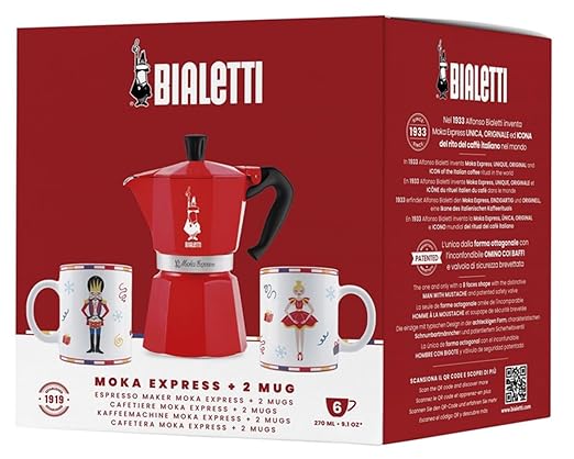 Bialetti Moka Express Iconic Italian Stovetop Espresso Maker (Red, 6 Cups Bundle)
