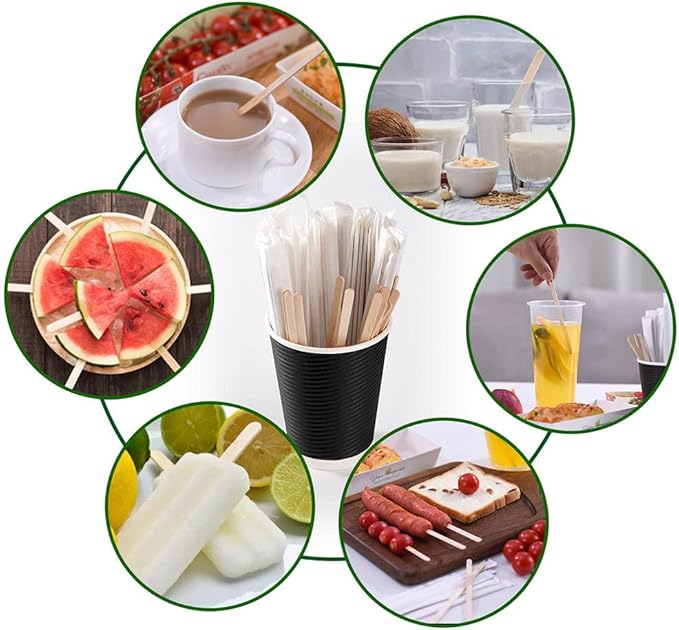 MFJUNS 500pcs Individually Wrapped Coffee Stirrers Wood - 7" Coffee Stir Sticks, Round End Disposable coffee stirrer, For Coffee, Cocktail and Hot Drinks