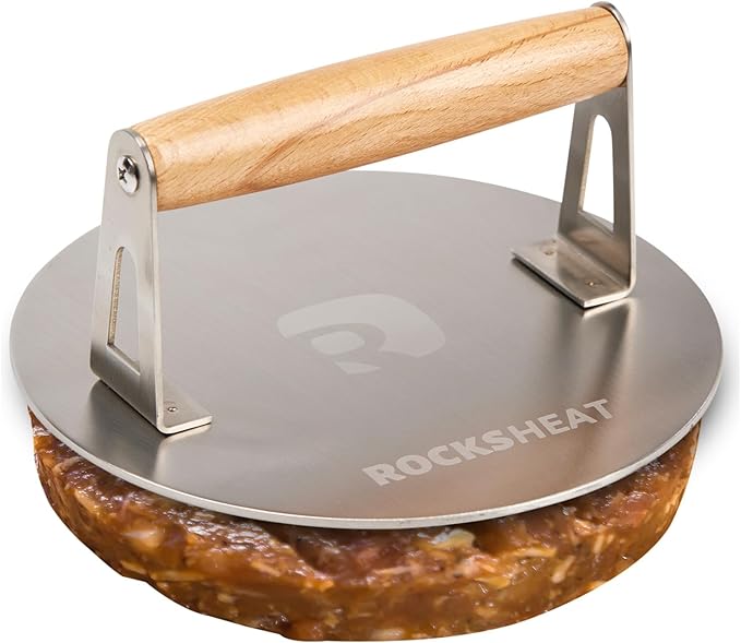 Smash Burger Press, 7 Inch 3mm Thickened Food Grade Stainless Steel Heavy Duty Round Grill Griddle Press with Wood Handle, Non-Stick for Hamburger Bacon Steak Panini