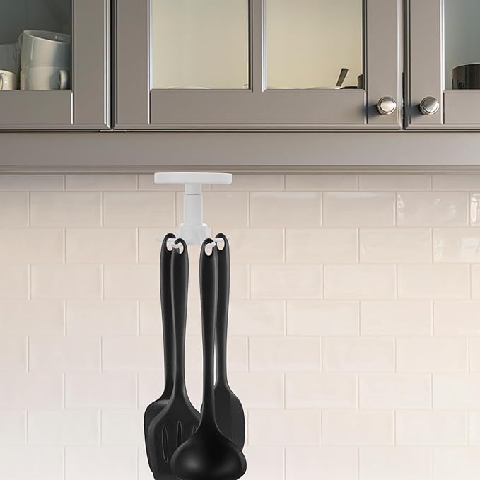 SUPVOX 2pcs Nail-Free Adhesive Kitchen Utensil Hooks with 360° Rotatable Six-Claw Design, Plastic Wall and Ceiling Mounted Storage Organizer for Cooking Tools and Sundries