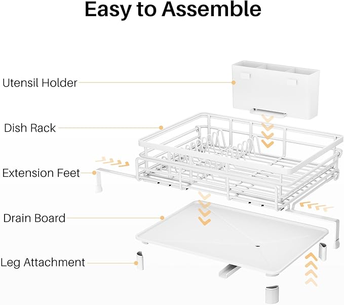 SNTD Dish Drying Rack - Extendable Dish Rack, Large Sink Drying Dish Drainer for Kitchen Counter, Stainless Steel Dish Strainer with Utensil Holder (White)
