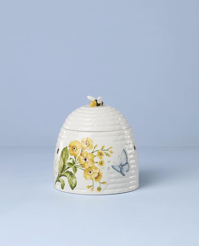 Lenox Home And Kitchen, Butterfly Meadow Beehive Candy Jar, Porcelain Material, Candy Bowl, Dishwasher Safe, Kitchen And Dining, Butterfly And Flowers, Pantry Storage, Table Decor (White, 1 Piece)