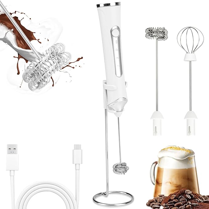 TonJin Milk Frother USB C Rechargeable New Upgraded Handheld Frother Wand with 2 304 Stainless Whisks 1 Stand, 3 Speeds Electric Coffee Whisk Frother for Lattes, Cappuccino, Egg, Matcha, White
