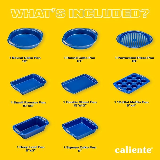 Caliente Nonstick Bakeware Set of 8 | Premium Baking Sheets, Loaf & Bread Baking Pans, Pizza, Roasting & Cake Pans | Durable Carbon Steel Baking Set | Housewarming, Wedding, Chefs & Bakers Gift