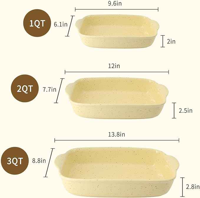 Casserole Dish Set of 3,Lasagna Pan,Ceramic Bakeware for Oven,Rectangular Baking Dishes with Handles,High Heat Resistant,Colorful Speckle Stoneware Series (13.8''/12''/9.6''Yellow)