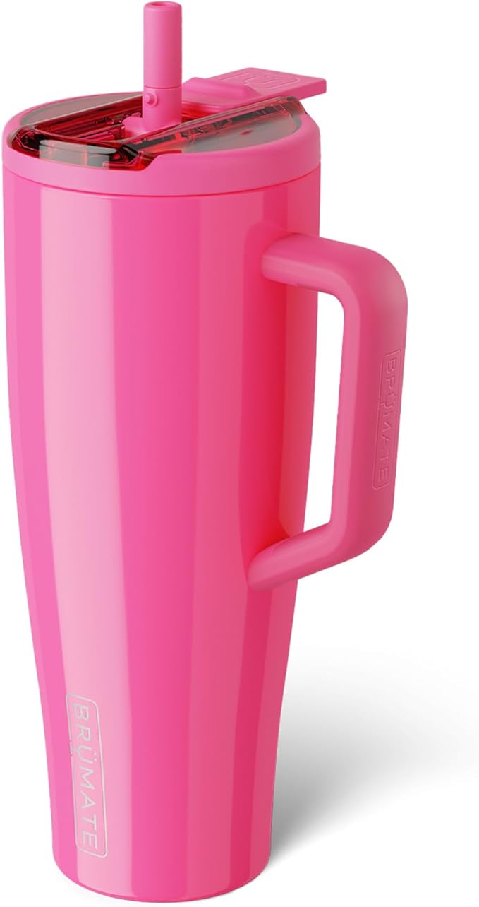 BrüMate Era Flip 40oz Tumbler with 100% Leakproof Covered Straw Lid | Hygienic Covered Straw | Insulated Stainless Steel Water Bottle with Handle | Cup Holder Friendly | BPA-Free (Neon Pink)