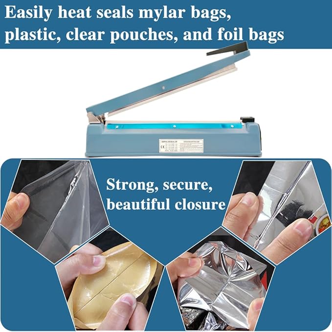 Impulse Heat Sealer 12 Inch 5mm Mylar Bag Sealer Heat Seal Machine, 110v Manual Heat Sealer for Plastic/Poly/Cookie Bags, 8 Replacement Parts & Teflon Cloth Strip(2 Round Cutter Lines Included)
