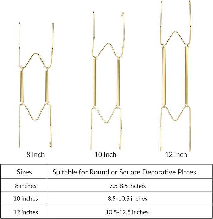 16-Pack Invisible Wall Plate Hangers, 6/8/10/12 Inch Brass Plate Holders with 20-Pack Wall Hooks