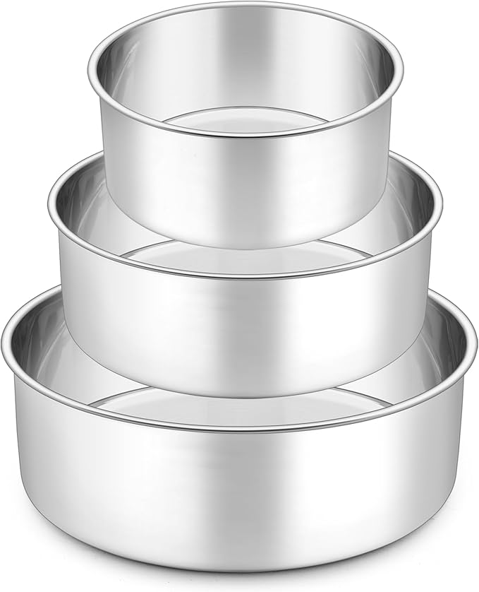 P&P CHEF 6 + 8 + 9.5 Inch Cake Pans Set, Round Baking Pan Stainless Steel Layer Birthday Wedding Cake Oven Pans, Non Toxic & Heavy Duty, Deep Side & Mirror Finish, Dishwasher Safe, (3Pcs)