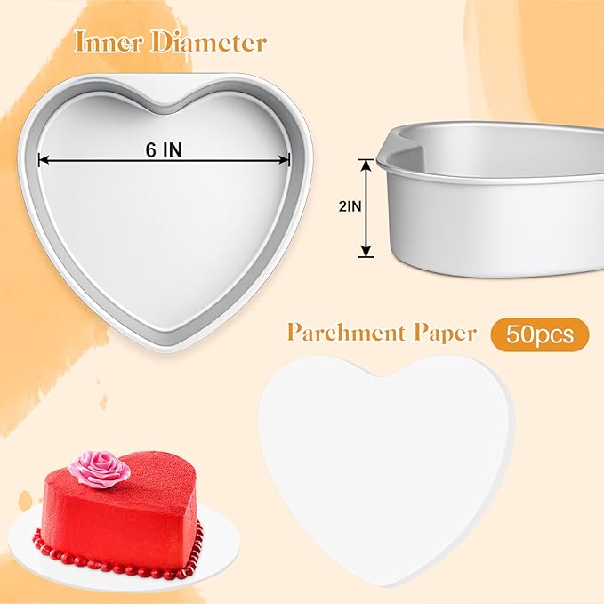 6 Inch Heart Shaped Cake Pans with 50 Pieces Parchment Paper,Set of 2 Non-stick Aluminum Heart Cake Pans Baking Tins for Birthday Wedding
