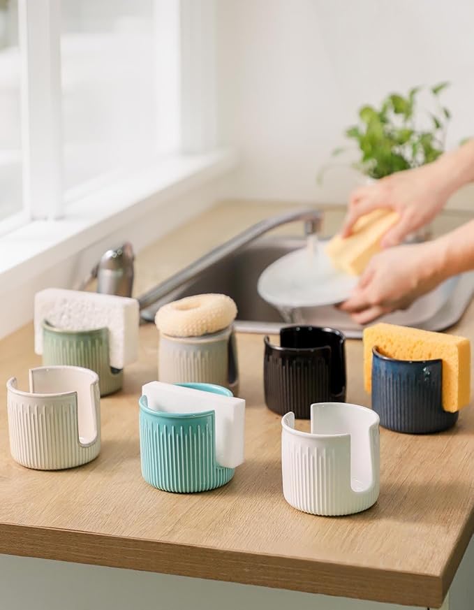 Ceramic Sponge Holder for Kitchen Sink, Scrub Sponge Dish Rack, Farmhouse Compact Sink Caddy Organizer, Turquoise