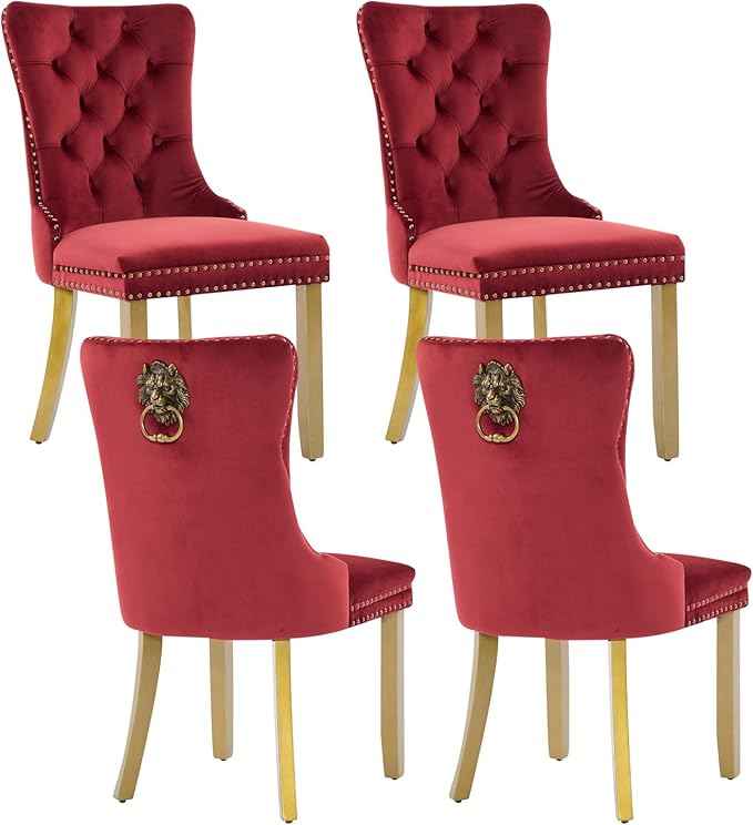 Velvet Dining Chairs Set of 4, Modern Tufted Dining Room Chair, Upholstered Dining Chairs with Lion Head Pulls Ring and Golden Solid Wood Legs, Luxury Kitchen Chairs for Dining Room, Burgundy