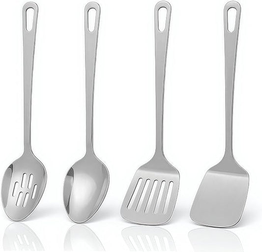 Cooking Utensils Set 4pcs - Stainless Steel Kitchen Utensils, Heavy Duty Metal Utensils Set with Stainless Steel Spatula Set Wok Spatula, Serving Spoons, Ergonomic Handle and Dishwasher Safe
