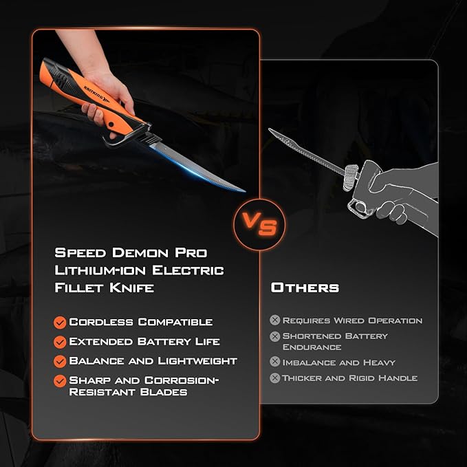 KastKing Speed Demon Pro Lithium-ion Electric Fillet Knife - Cordless Rechargeable Fishing Knife with 4 Blades, High Torque Motor with Extended Battery Life, Ergonomic Handle and Custom Carry Case