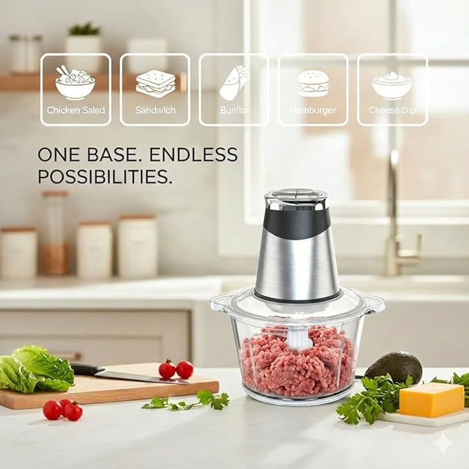 MEGAWISE Food Processor, 800W Electric Meat Grinder, 1.8L Stainless Steel Bowl & 1.8L Glass Bowl, Dual Speed Modes for Meat, Onion, Vegetables, Nuts, Fruits, Baby Food