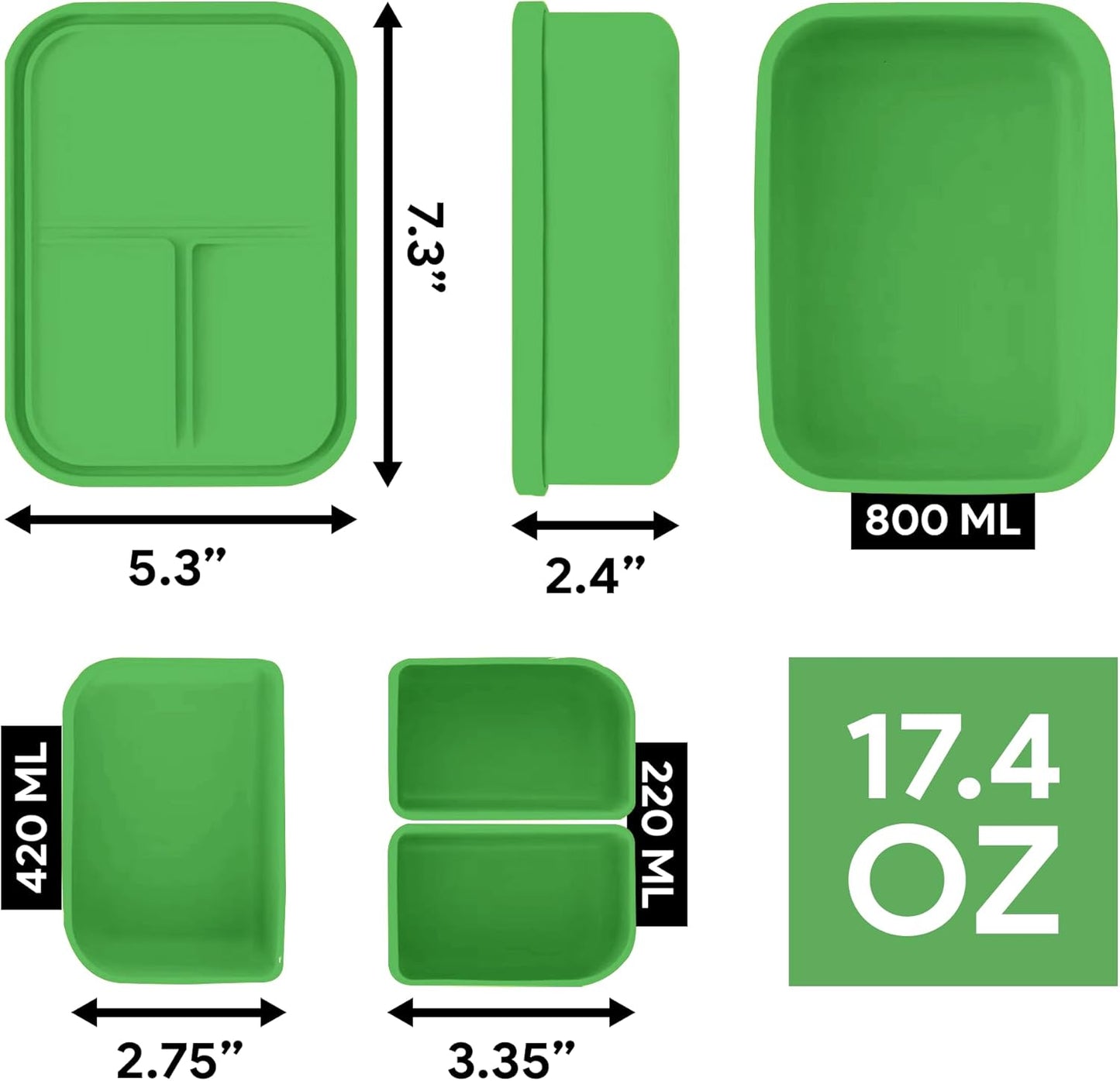 Platinum Silicone Bento Lunch Box Set of 2 – 3 Compartments, Leakproof, Versatile, Durable, Microwave & Freezer Safe, Meal Prep, Food Storage for All Ages (Watermelon Green & Gold Honey)
