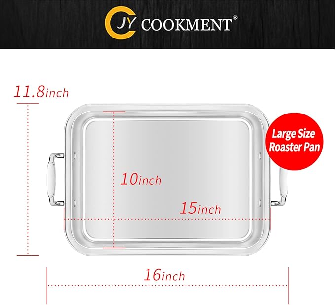 15 Inch Stainless Steel Roasting Pan with V-Shaped Rack and Turkey Baster - Rectangular Roaster for Turkey, Chicken, Vegetables - Fits 20lb Turkey