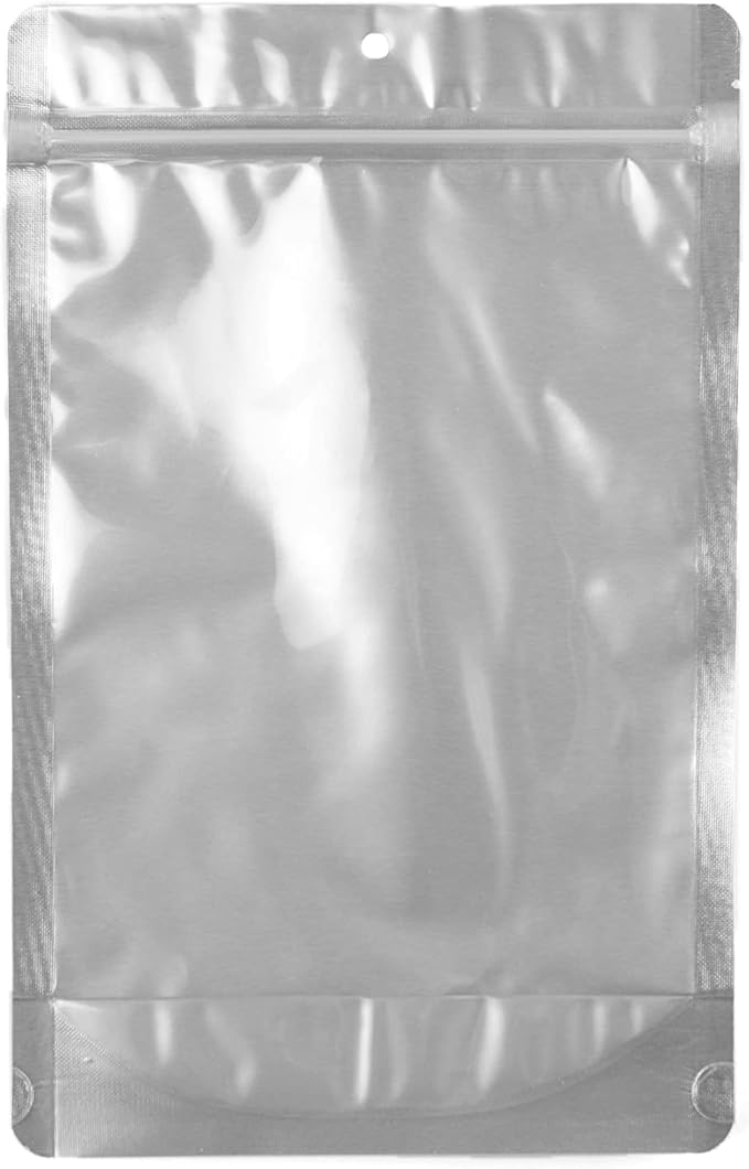 PackFreshUSA: 5 MIL Silver/Clear Stand Up Pouch Bags - Professional Flexible Packaging - Resealable - Seal-Top - Heat-Sealable - Hang Hole - Tear Notch - XLarge 7.5x11.5x3.5-100 Pack