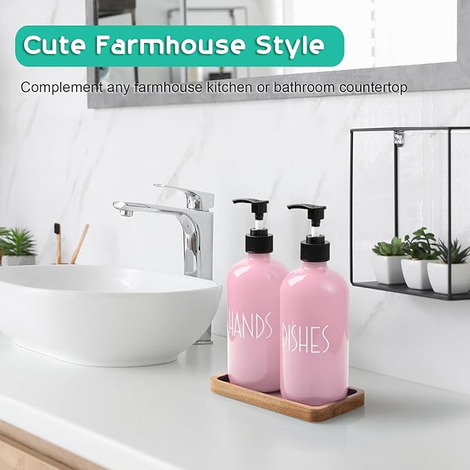 ALELION Dish Soap Dispenser for Kitchen - 16 OZ Glass Hand Soap Dispenser Set with Acacia Wood Tray - Pink Kitchen Bathroom Decor and Accessories