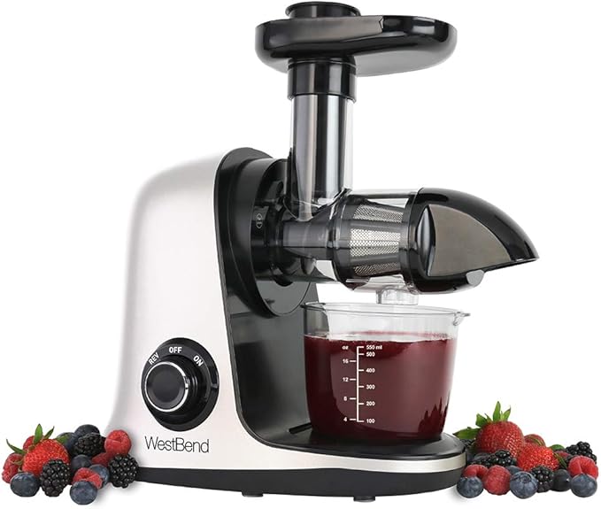 West Bend Juicer Cold Press Masticating Extractor Machine Features Quiet Motor Anti-Clog Reverse Function Nutrient Preserving For Juicing Fruits Vegetables and All Greens, 150-Watts, White