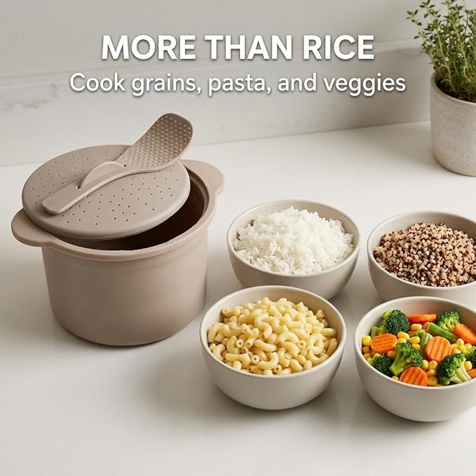 Microwave Rice & Grain Cooker – Easy Cook Container with Locking Lid, Heat-Resistant Handles – Includes Measuring Cup & Mixing Paddle – Cooks Rice, Grains, Veggies & More