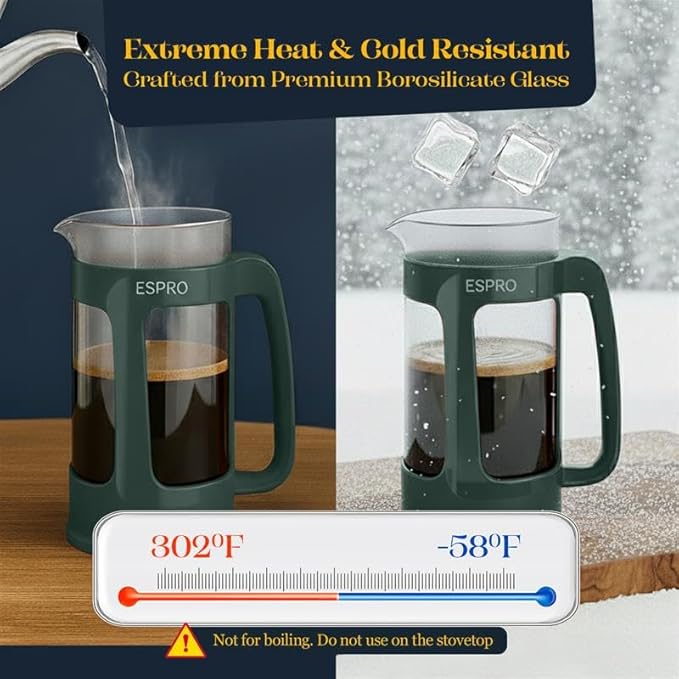 ESPRO Light P3 French Press Coffee Maker – Patented Double Micro-Filter for Grit-Free Brew, Heat Resistant thicker Borosilicate Glass Coffee press – (Green - 32 oz)