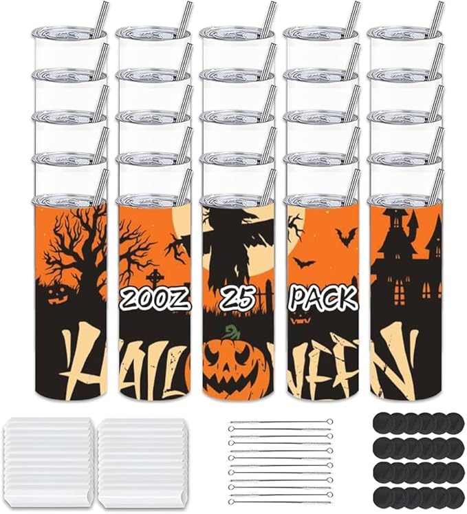 25 Pack Sublimation Blanks Tumblers with Lids and Straws Bulk, 20oz Sublimation Tumbler Skinny Straight, Stainless Steel Double Wall Polymer Coating for Heat Transfer Customized Gifts