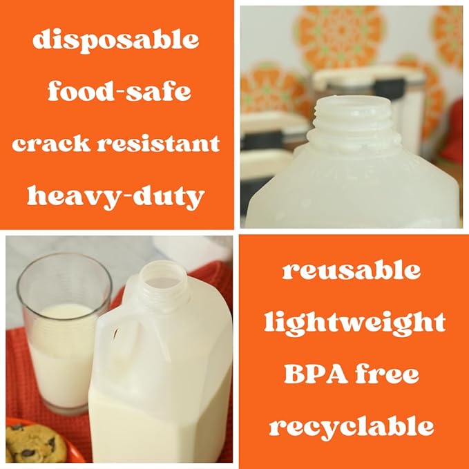 Half Gallon Milk Jugs with Tamper Evident Caps – Use Half Gallon Milk Carton as Juice Jug or 64oz Plastic Bottle