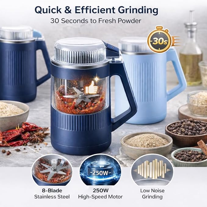 YZJSM Electric Coffee Grinder, 550ML Large Capacity Electric Blade Grinder with 8 Stainless Steel Blades, Multifunctional Grinder for Coffee Beans, Spices, Herbs, Grains & Baby Food﻿ (blue)